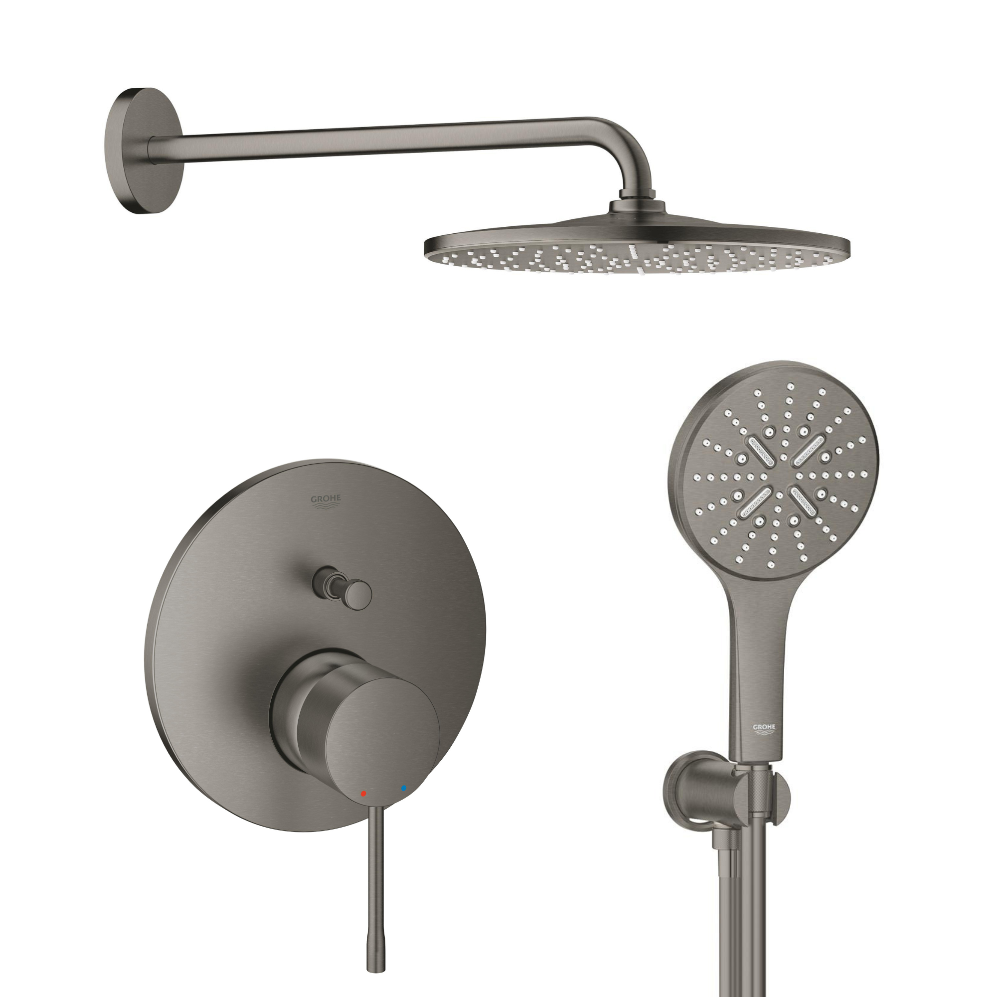Set Kopfbrause mit Arm Grohe Rainshower 26558AL0, Badewannen- und Duscharmatur Grohe Essence 24058AL1, 26574AL0, 26658AL0, 28362A01