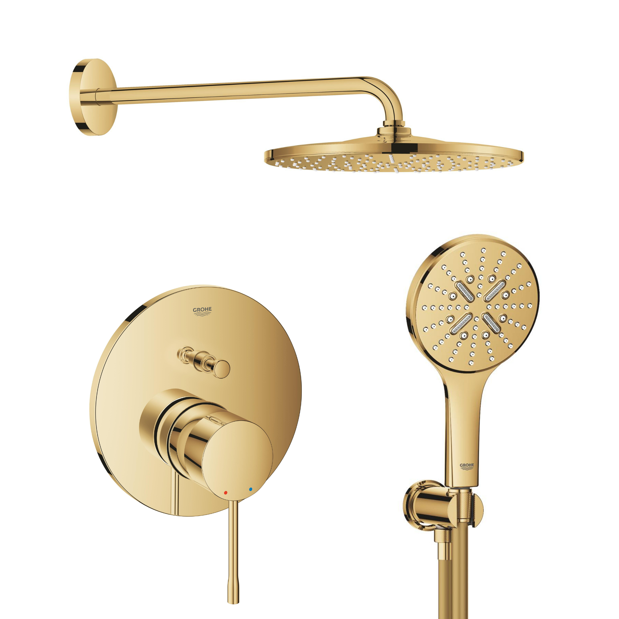 Set Kopfbrause mit Arm Grohe Rainshower 26558GL0, Badewannen- und Duscharmatur Grohe Essence 24058GL1, 26574GL0, 26658GL0, 28362GL1