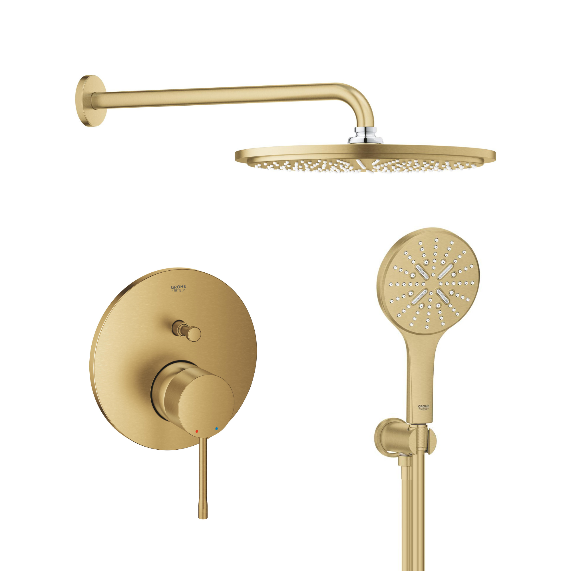 Set Kopfbrause mit Arm Grohe Rainshower 26066GN0, Badewannen- und Duscharmatur Grohe Essence 24058GN1, 26574GN0, 26658GN0, 28362GL1