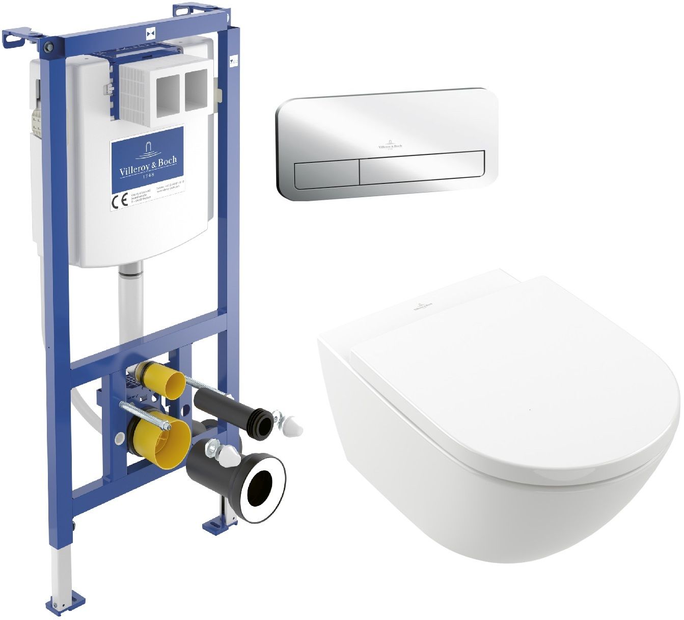 Zestaw Villeroy & Boch Subway 3.0 stelaż podtynkowy miska WC wisząca z deską i przycisk chrom połysk (92242700, 4670TSR1, 92249061)