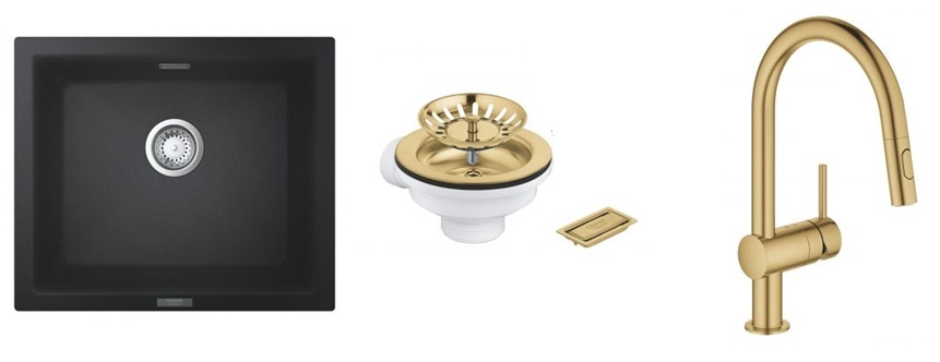 Set Küchenarmatur Grohe Minta 32321GN2, Granitspüle Grohe K700 31654AP0, 40997GN0