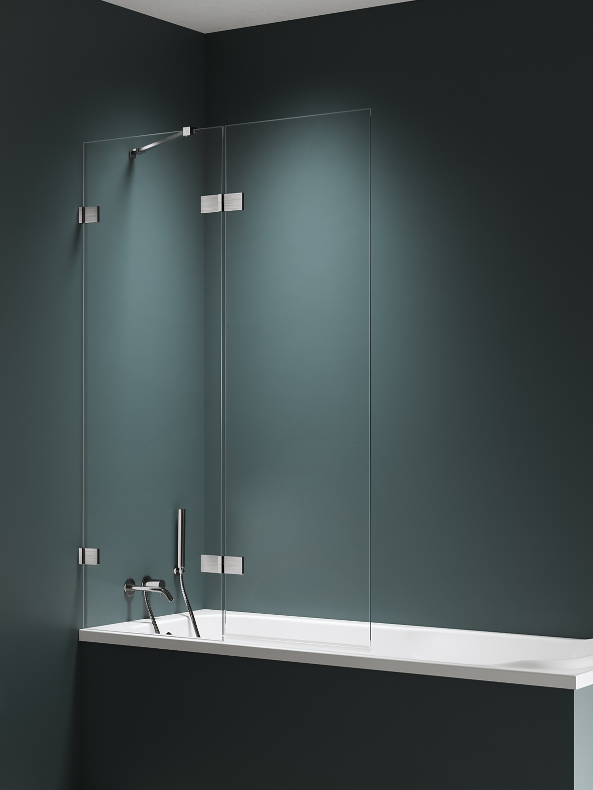 New Trendy Avexa Nickel Brushed Badewannenabtrennung 130 cm zweigeteilt gebürstet/durchsichtiges Glas EXK-8756
