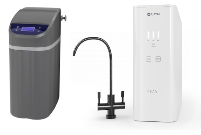Set Wasseraufbereitungsanlage USTM Grey WS9LCDG, Umkehrosmose-Filtersystem USTM Pearl ROPEARLBLACKSTYLE
