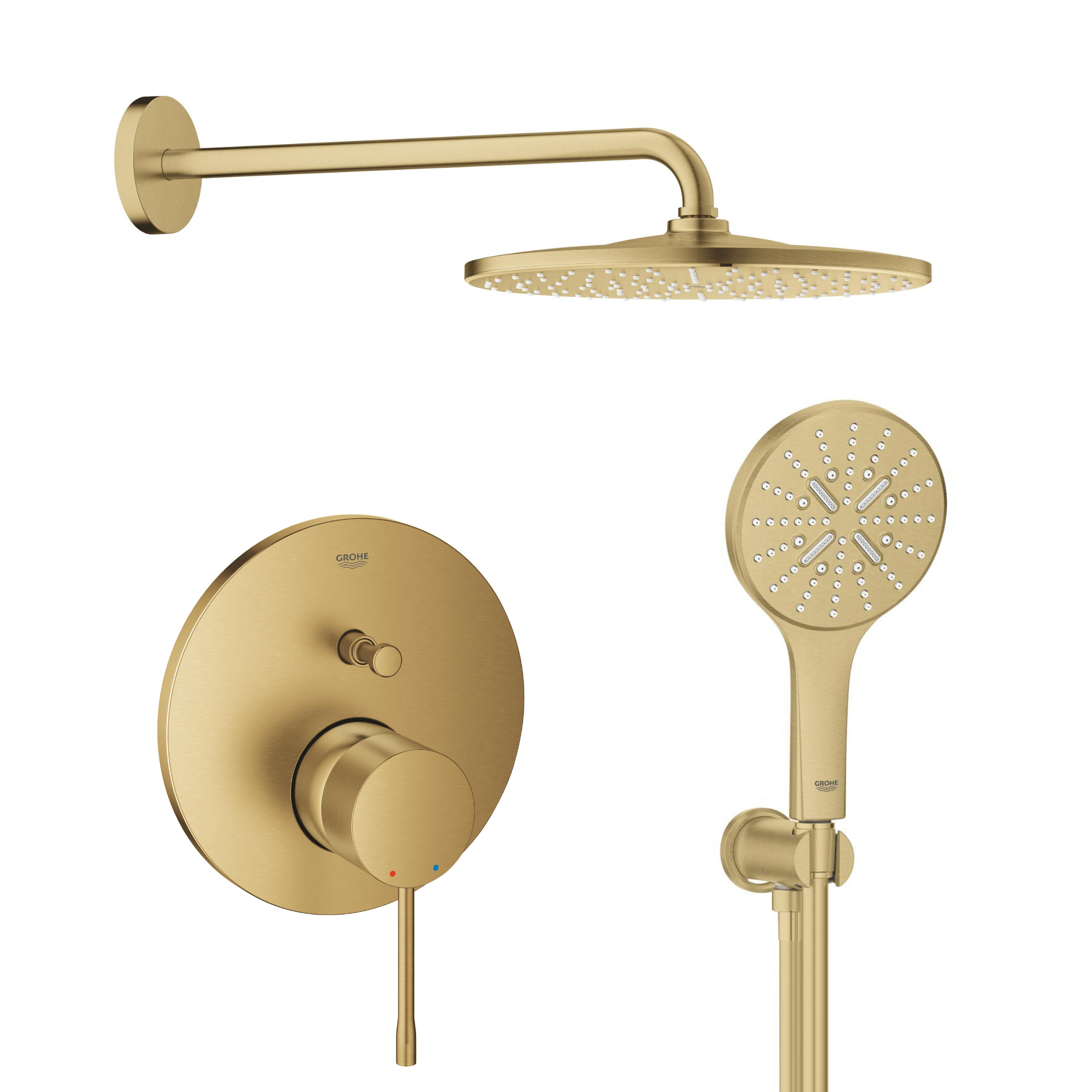 Set Kopfbrause mit Arm Grohe Rainshower 26558GN0, Badewannen- und Duscharmatur Grohe Essence 24058GN1, 26574GN0, 26658GN0, 28362GL1