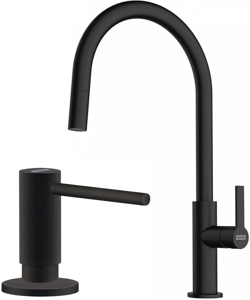 Set Küchenarmatur Franke Maris Slim J Pull-Out 115.0728.389, Flüssigkeitsspender Franke Active SM 119.0547.906