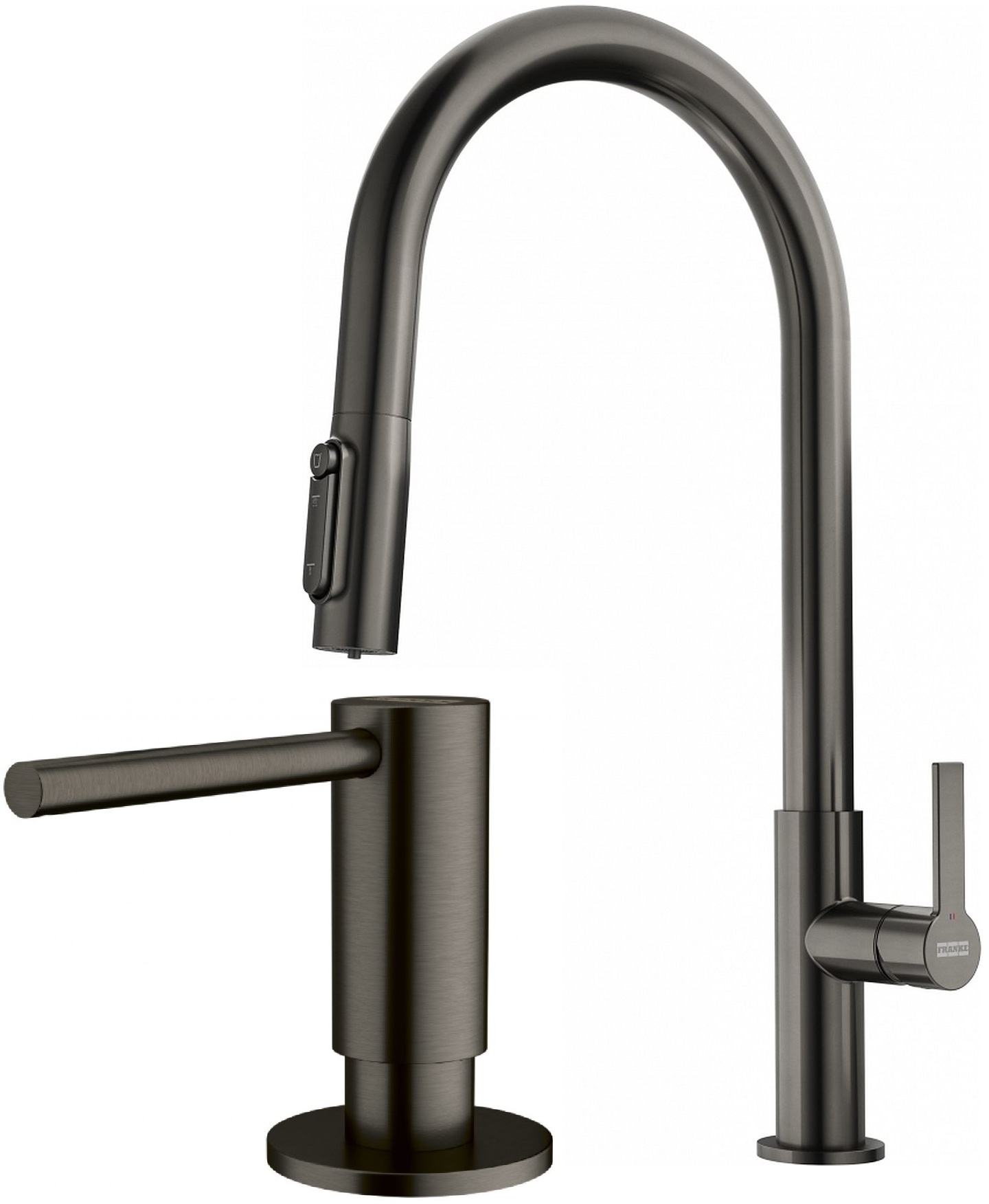 Set Küchenarmatur Franke Maris Slim Clear Water J Pull-Out 120.0736.603, Flüssigkeitsspender Franke Atlas 112.0717.103