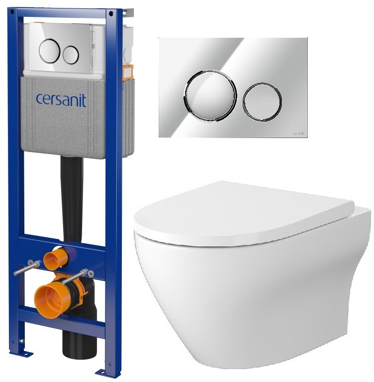 Set WC-Becken mit Absenkautomatik-Sitz Cersanit Larga S701-885, Verdeckter Rahmen mit Betätigungsplatte Cersanit S701-778
