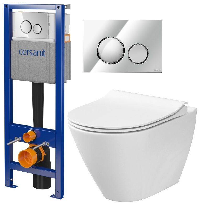 Set WC-Becken mit Absenkautomatik-Sitz Cersanit City K701-104, Verdeckter Rahmen mit Betätigungsplatte Cersanit S701-778