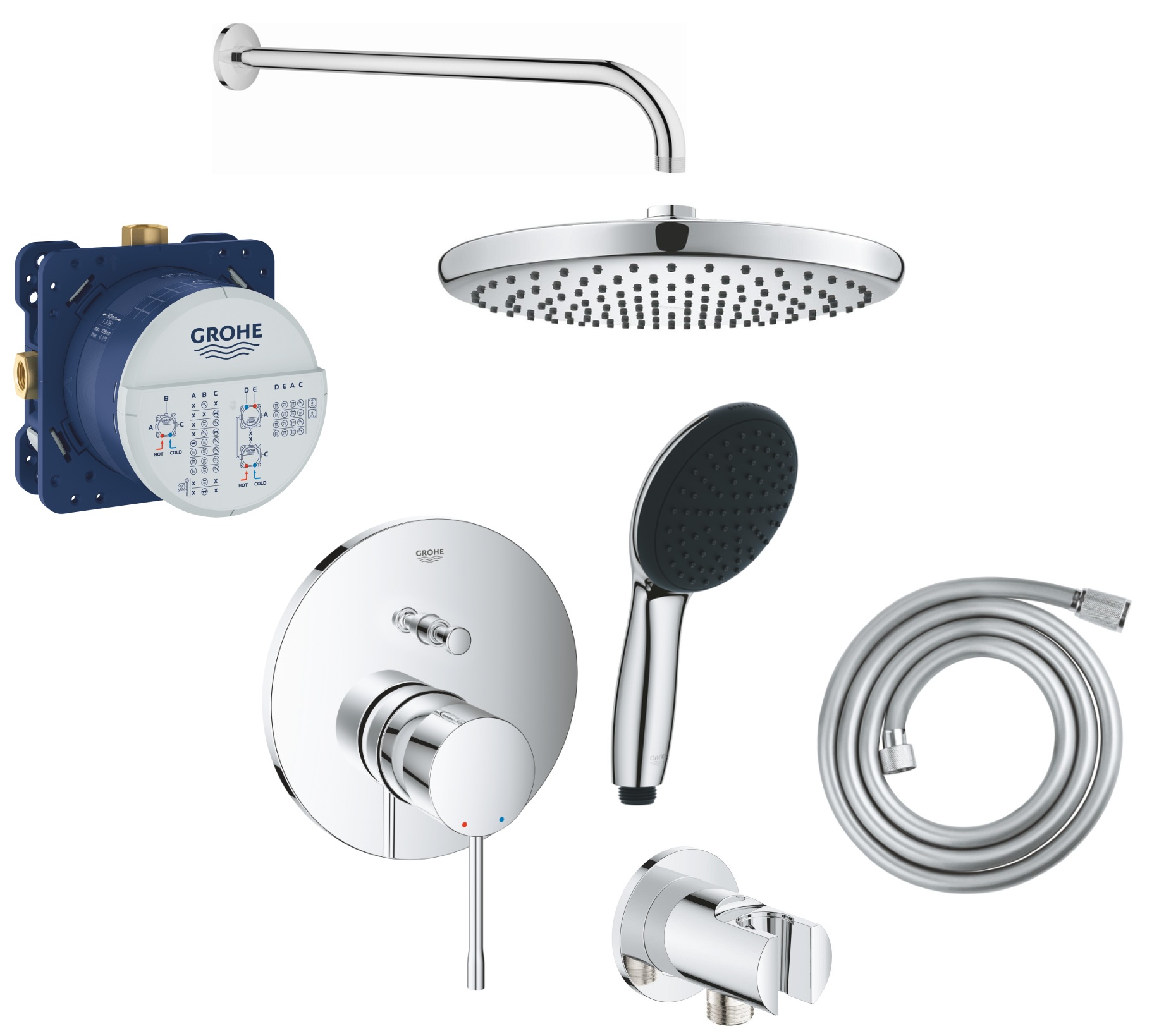 Set Badewannen- und Duscharmatur Grohe Essence 24058001, Kopfbrause Grohe Vitalio Start Shower System 26815000, 35600000, 27851000, 26962001, 27940001, 28741002