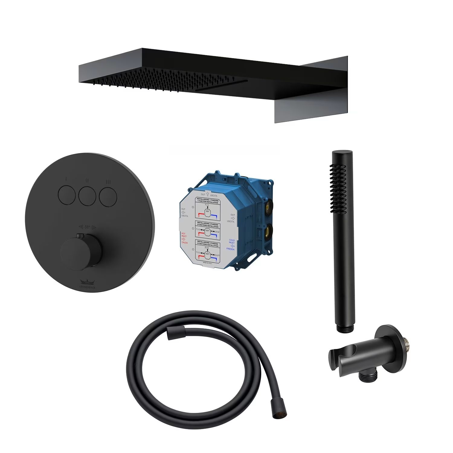 Set Badewannen- und Duscharmatur Kronenbach Smart Push 19044003SM, Kopfbrause Kronenbach Spa KBMBBPRBOR250-2-BL, 01900190KBN, 28276000KBSM, 28628002SMKB, 27500001 KB