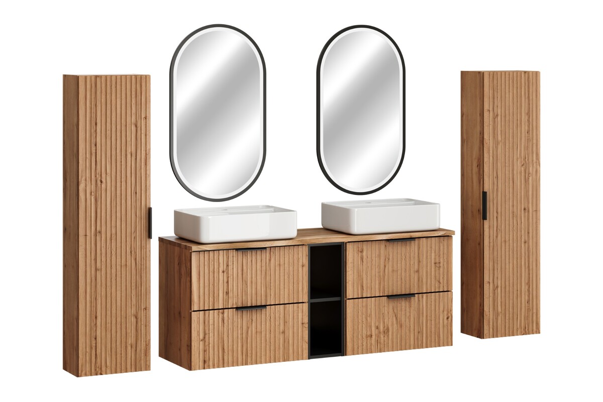 Set Spiegel Comad Apollo 2 LUSTRO LED CZARNE APOLLO 2 900X500, Kabinett Comad Adel Oak ADEL OAK 82-60-B-2S, ADEL OAK 80-01-B-1D, NATURE WOTAN 89-140-46 M, UM-6289MAGIC50DP, XILO BLACK 81-01-A