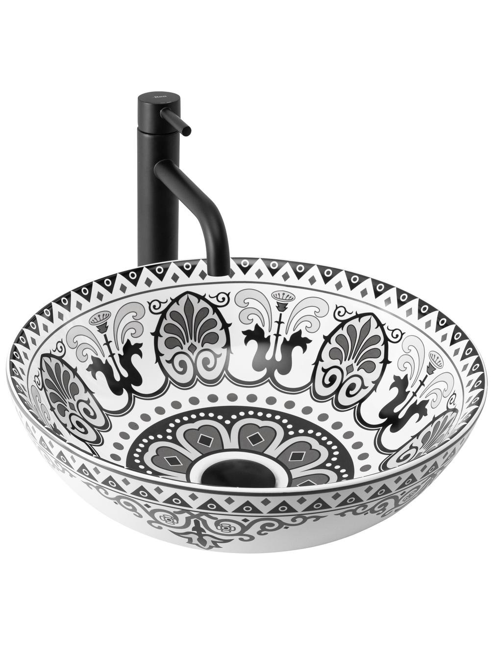 Rea Etno Waschbecken 40x40 cm rund Aufsatzwaschbecken weiß-schwarz REA-U7500