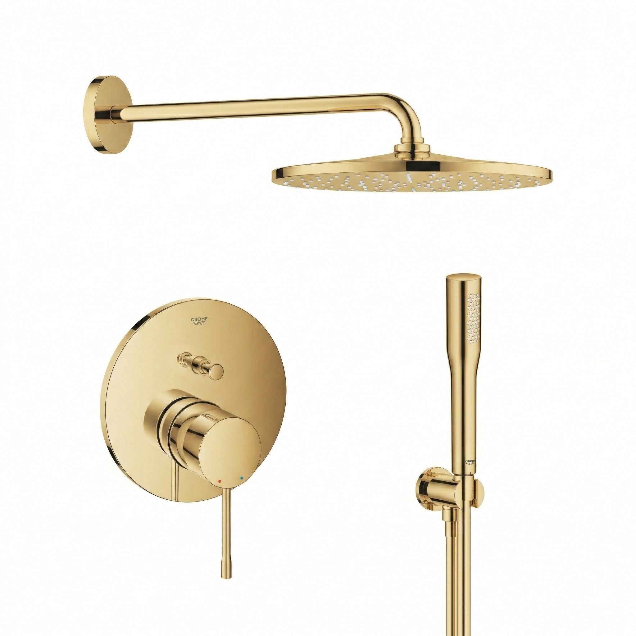 Set Kopfbrause Grohe Rainshower 26066GL0, Badewannen- und Duscharmatur Grohe Essence 24058GL1, 26658GL0, 27400GL0, 28362GL1