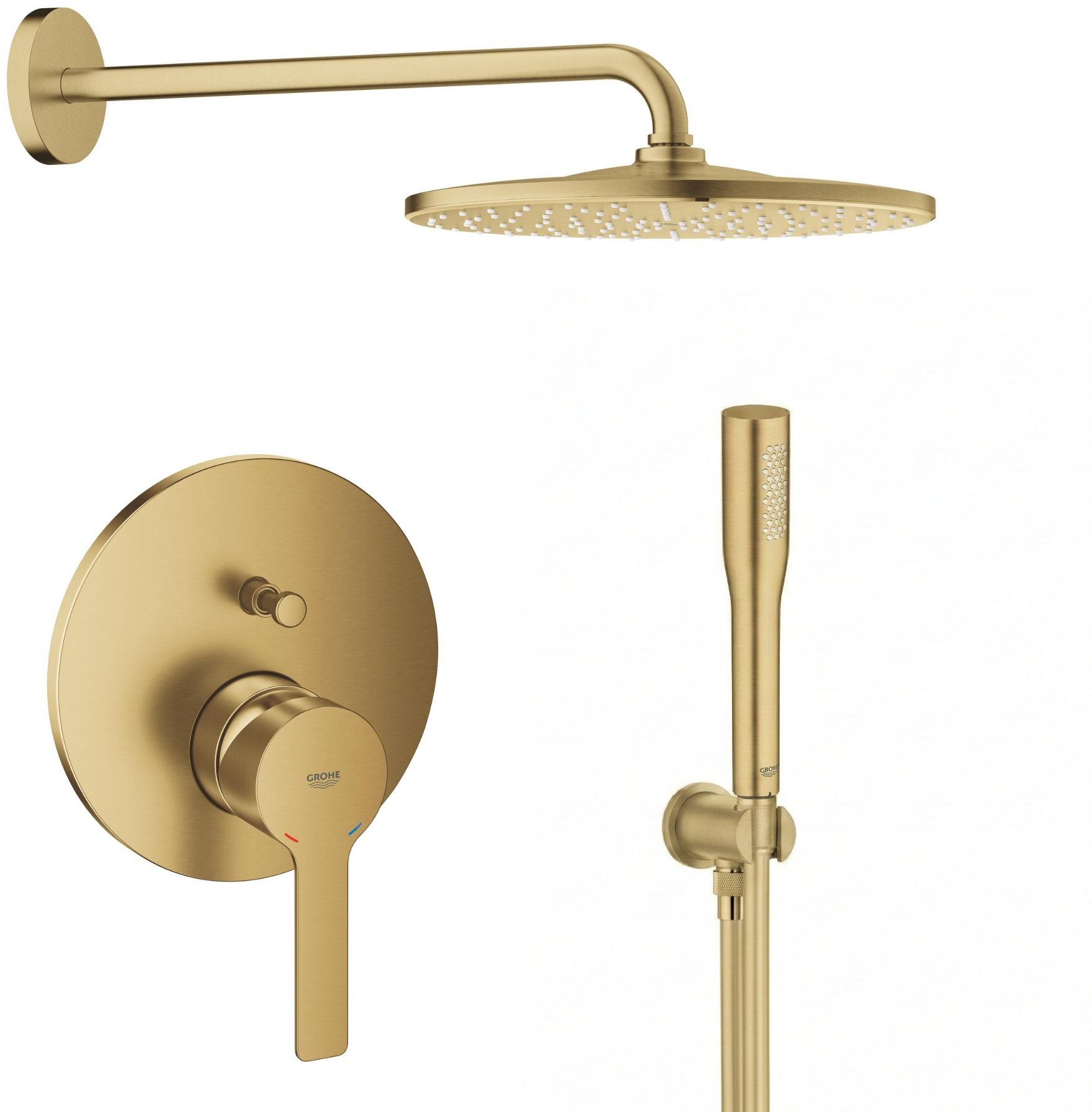 Set Kopfbrause mit Brausearm Grohe Rainshower 26558GN0, Badewannen- und Duscharmatur Grohe Lineare 24064GN1, 26658GN0, 27400GN0, 28362GL1
