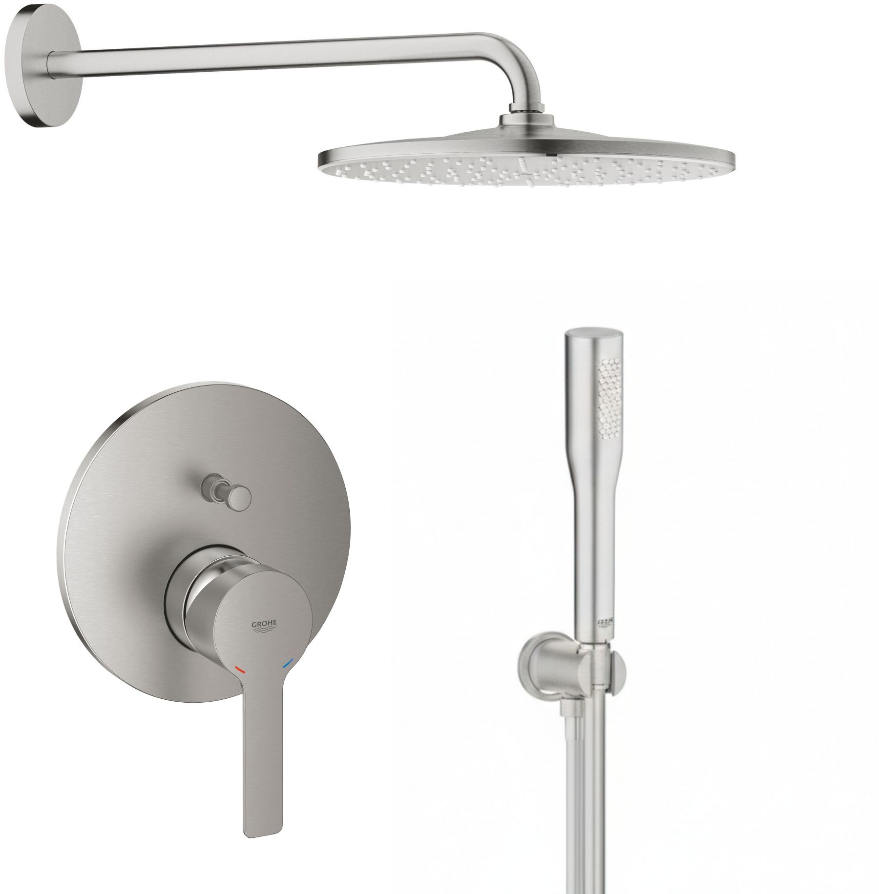 Set Kopfbrause mit Brausearm Grohe Rainshower 26558DC0, Badewannen- und Duscharmatur Grohe Lineare 24064DC1, 26658DC0, 27400DC0, 28362DC1