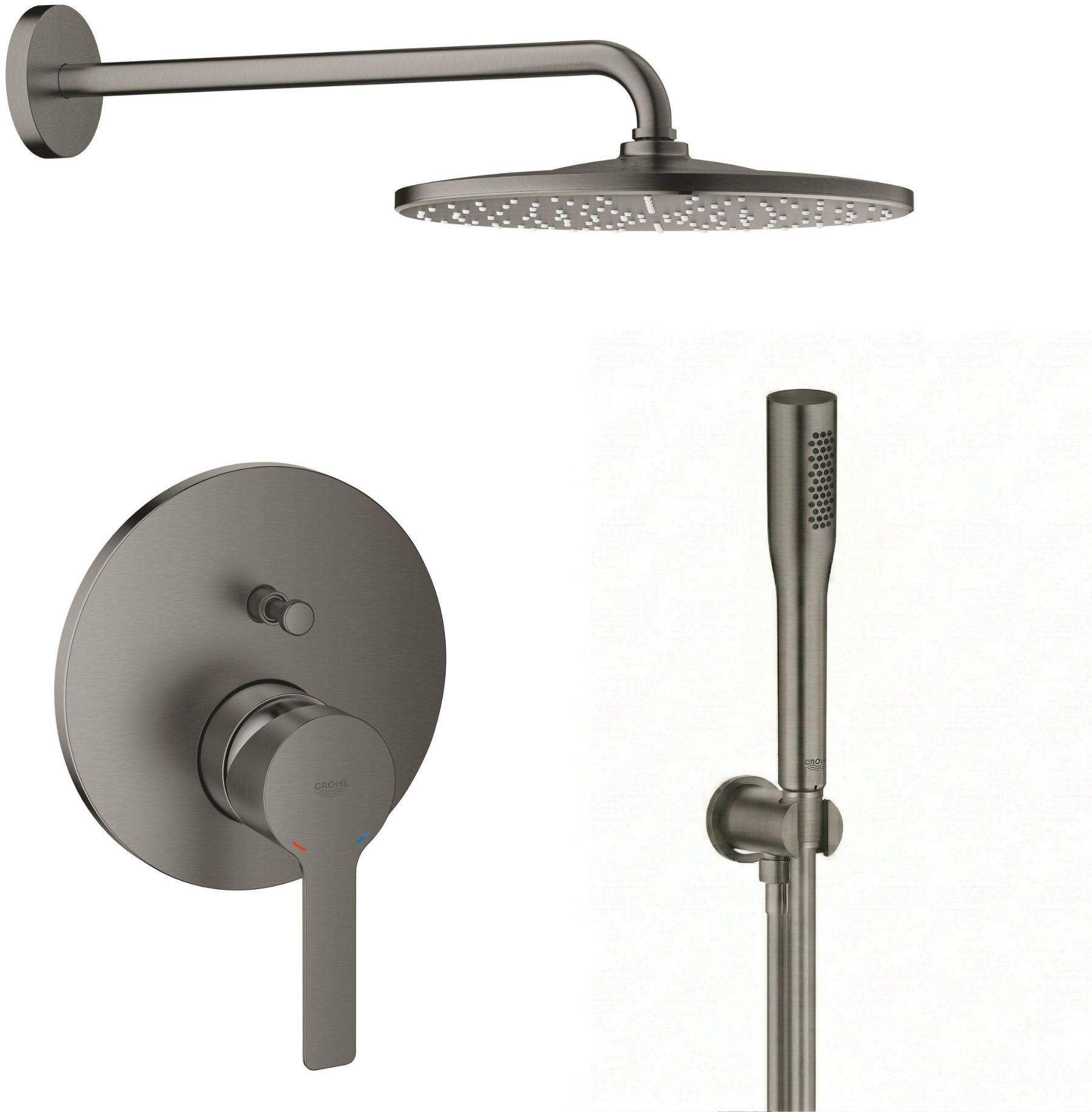 Set Kopfbrause mit Brausearm Grohe Rainshower 26558AL0, Badewannen- und Duscharmatur Grohe Lineare 24064AL1, 26658AL0, 27400AL0, 28362A01