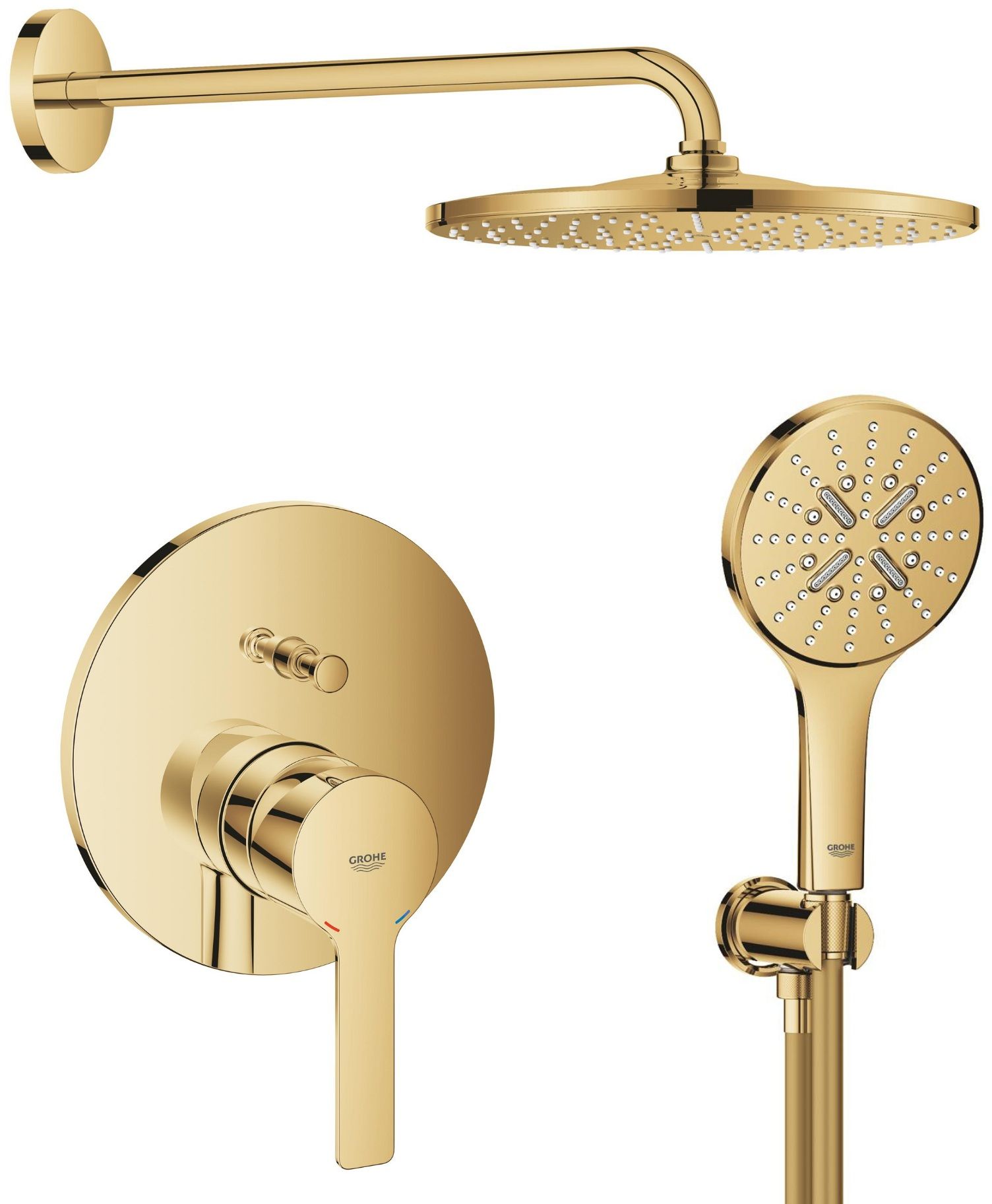 Set Kopfbrause mit Brausearm Grohe Rainshower 26558GL0, Badewannen- und Duscharmatur Grohe Lineare 24064GL1, 26574GL0, 26658GL0, 28362GL1