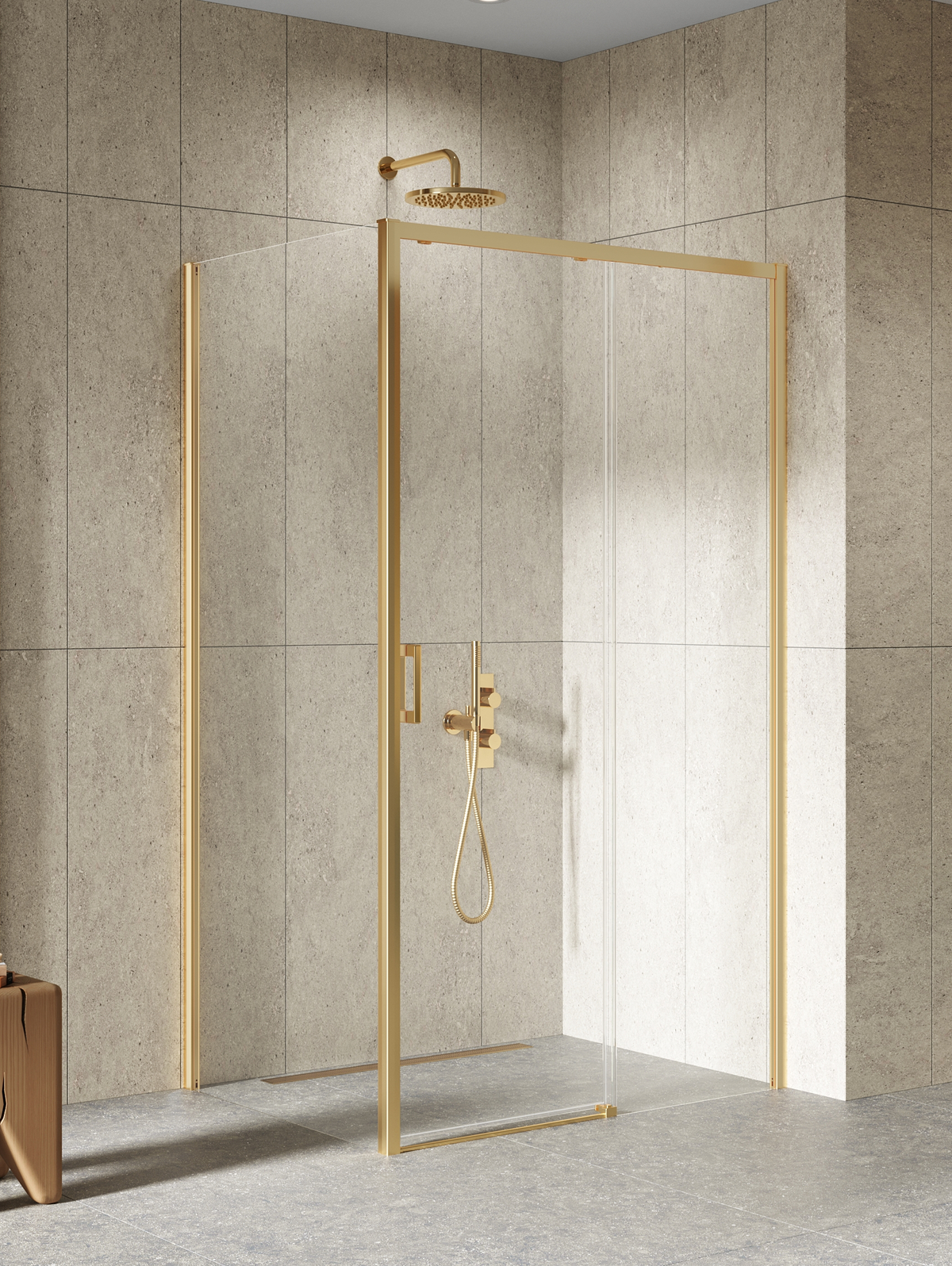 New Trendy Prime Duschkabine 140x80 cm rechteckig gold gebürstet/durchsichtiges Glas D-0792A/D-0329B