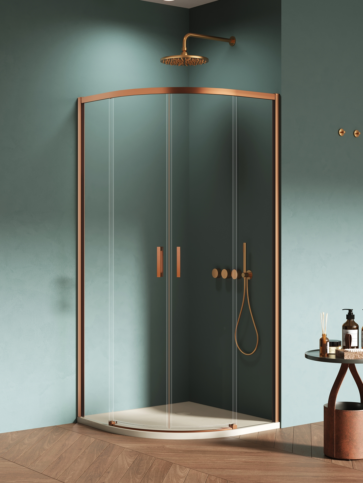 New Trendy Prime Duschkabine 80x80 cm halbrund kupfer gebürstet/durchsichtiges Glas K-3590