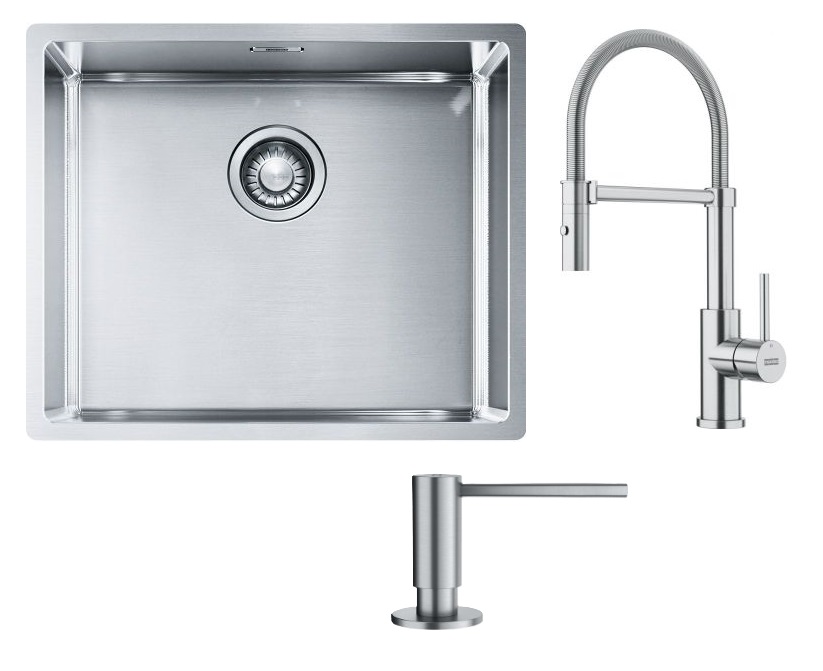 Set Edelstahlspüle Franke Box 127.0453.656, Küchenarmatur Franke Smart Glenda 115.0747.475, 112.0717.084