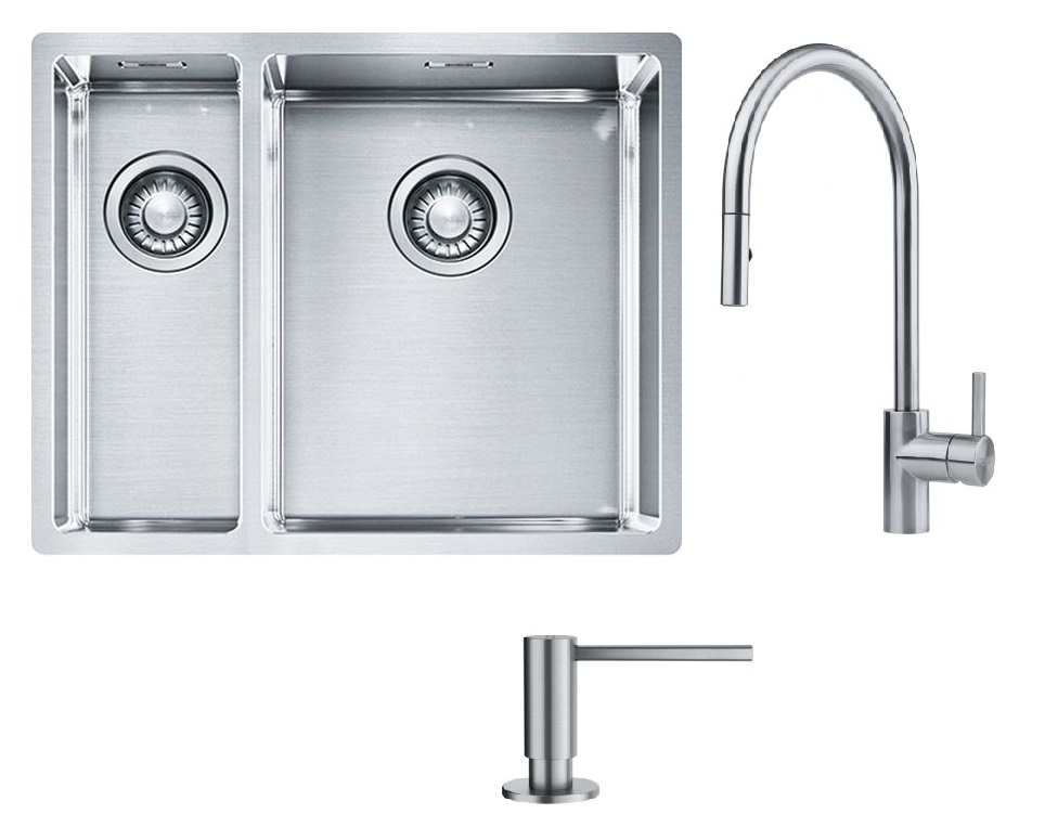 Set Edelstahlspüle Franke Box 127.0369.916, Küchenarmatur Franke Eos 115.0590.045, 112.0717.084