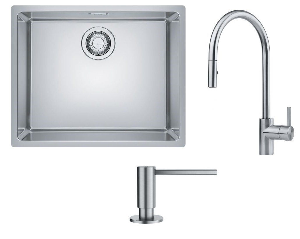 Set Edelstahlspüle Franke Maris 122.0543.996, Küchenarmatur Franke Eos 115.0590.045, 112.0717.084