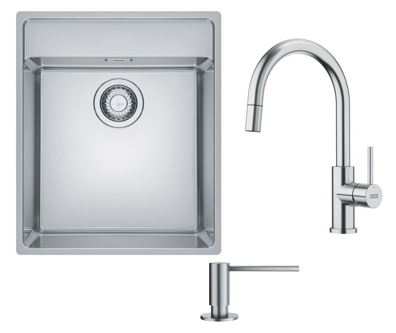 Set Edelstahlspüle Franke Maris 127.0544.021, Küchenarmatur Franke Smart Glenda 115.0747.474, 112.0717.084