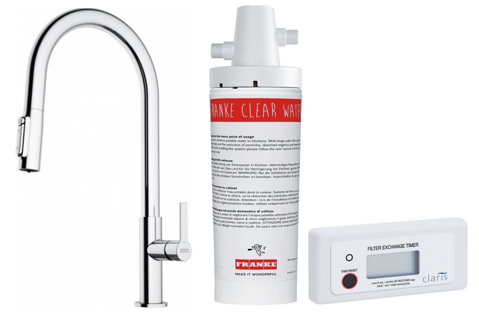 Set Küchenarmatur Franke Maris Slim Clear Water J Pull-Out 120.0730.870, Untertischfilter Franke Clear Water 133.0284.025