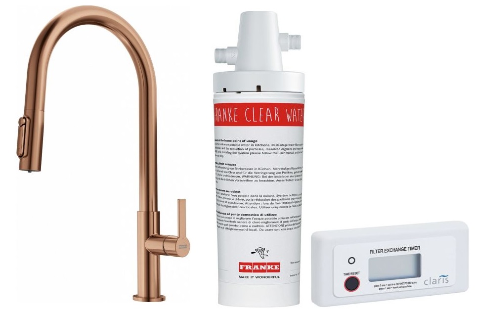 Set Küchenarmatur Franke Maris Slim Clear Water J Pull-Out 120.0736.602, Untertischfilter Franke Clear Water 133.0284.025