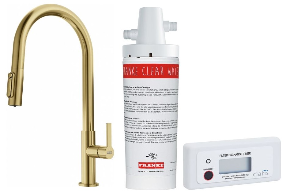 Set Küchenarmatur Franke Maris Slim Clear Water J Pull-Out 120.0736.601, Untertischfilter Franke Clear Water 133.0284.025