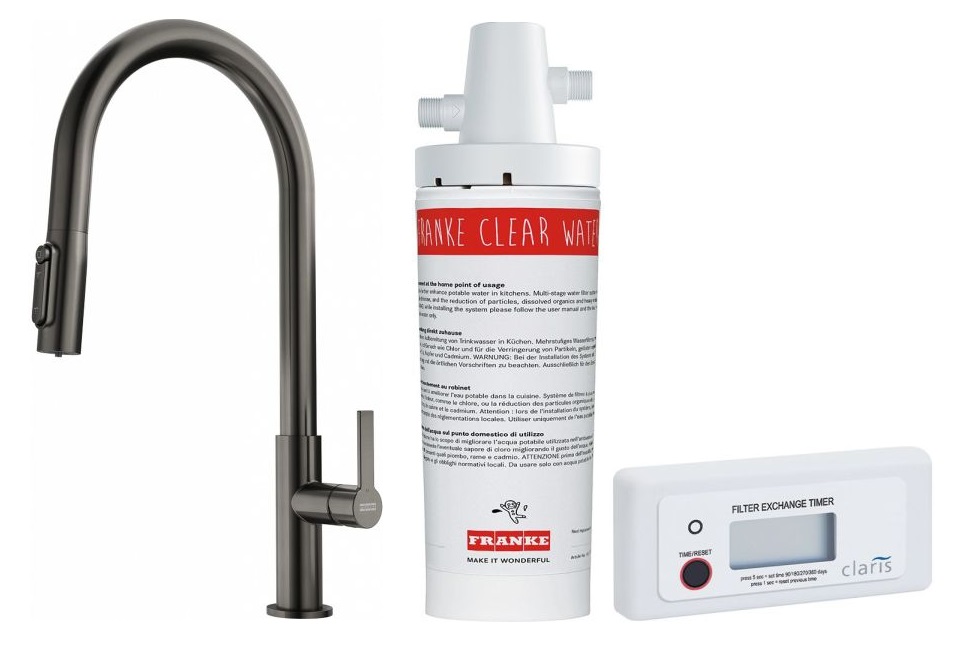Set Küchenarmatur Franke Maris Slim Clear Water J Pull-Out 120.0736.603, Untertischfilter Franke Clear Water 133.0284.025