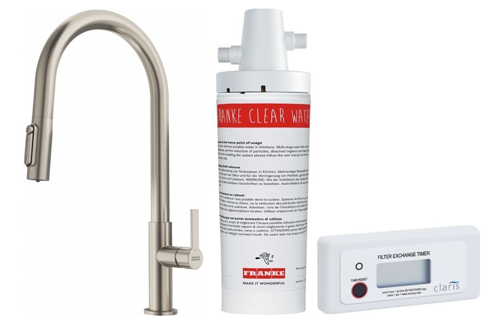 Set Küchenarmatur Franke Maris Slim Clear Water J Pull-Out 120.0736.604, Untertischfilter Franke Clear Water 133.0284.025