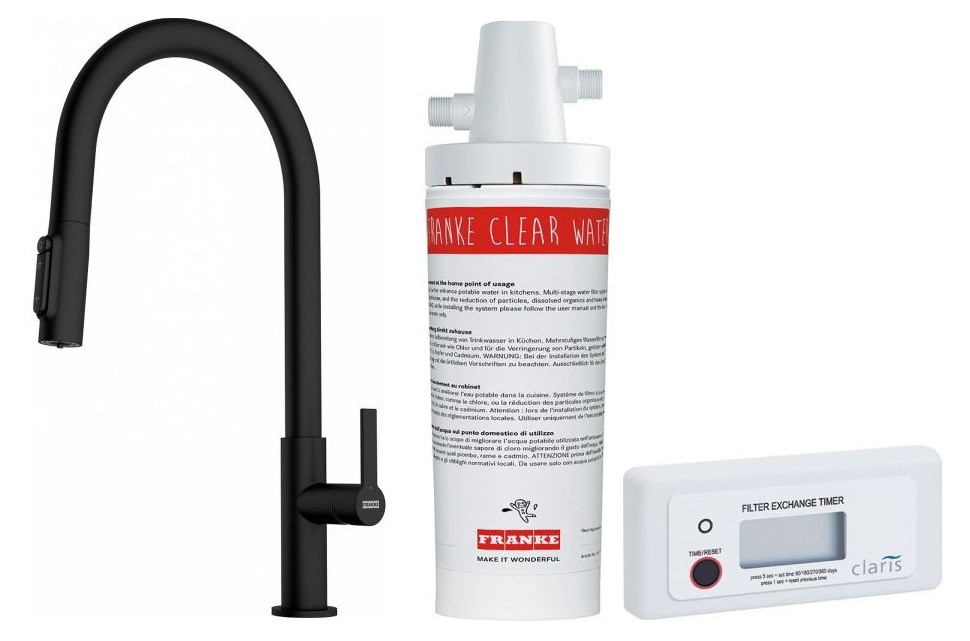 Set Küchenarmatur Franke Maris Slim Clear Water J Pull-Out 120.0730.911, Untertischfilter Franke Clear Water 133.0284.025