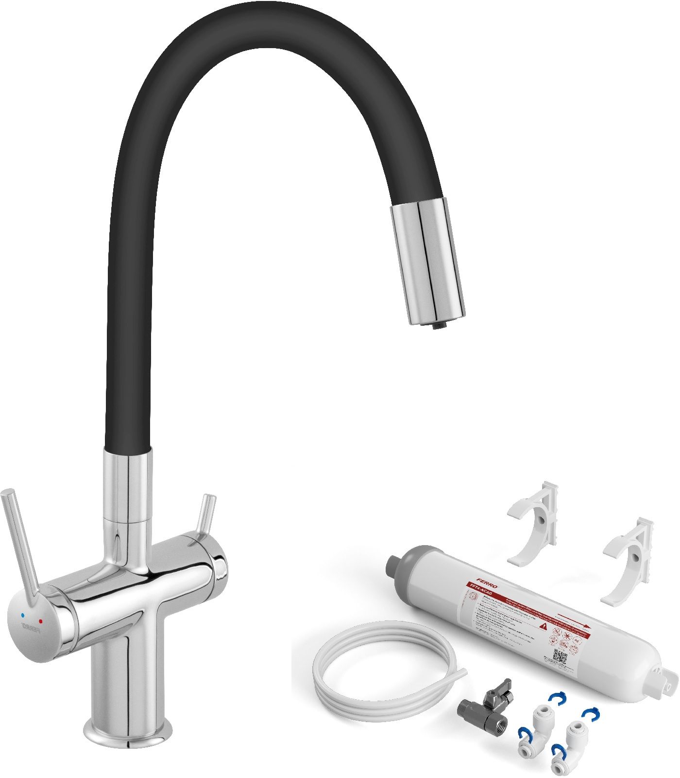 Set Küchenarmatur für Wasserfilter Ferro Filtrata BFT41B, Untertisch-Filtersystem mit Filtereinsätzen Ferro Filtrata FFT4-ACAG-SET