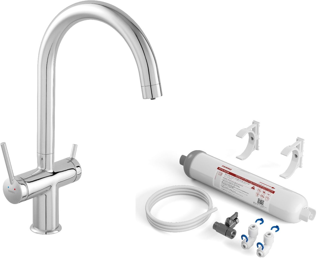 Set Küchenarmatur für Wasserfilter Ferro Filtrata BFT41, Untertisch-Filtersystem mit Filtereinsätzen Ferro Filtrata FFT4-ACAG-SET