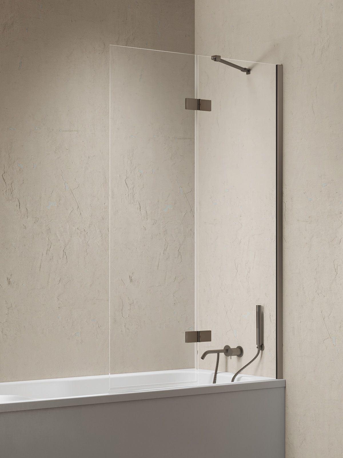 New Trendy Nesta Gunmetal Brushed Badewannenabtrennung 100 cm zweigeteilt gebürstet/durchsichtiges Glas P-0258-WL
