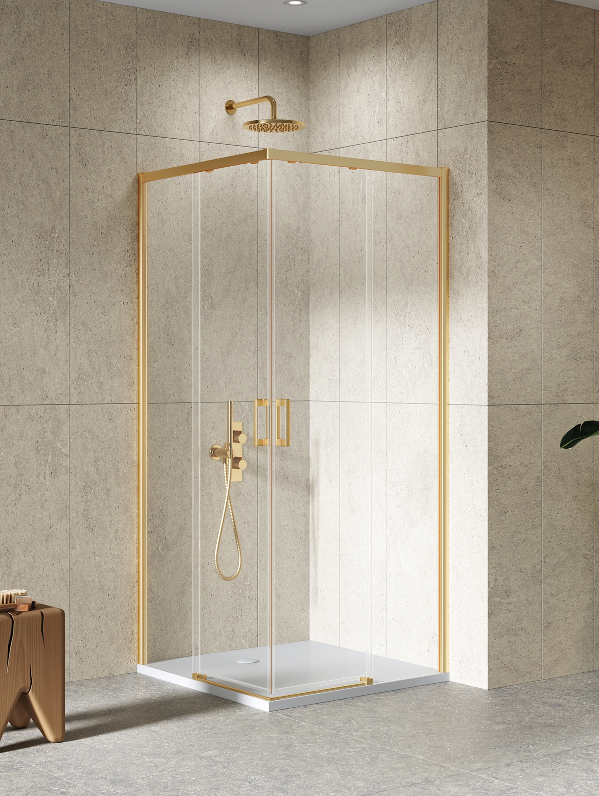 New Trendy Prime Duschkabine 90x80 cm rechteckig gold gebürstet/durchsichtiges Glas D-0782A/D-0781A