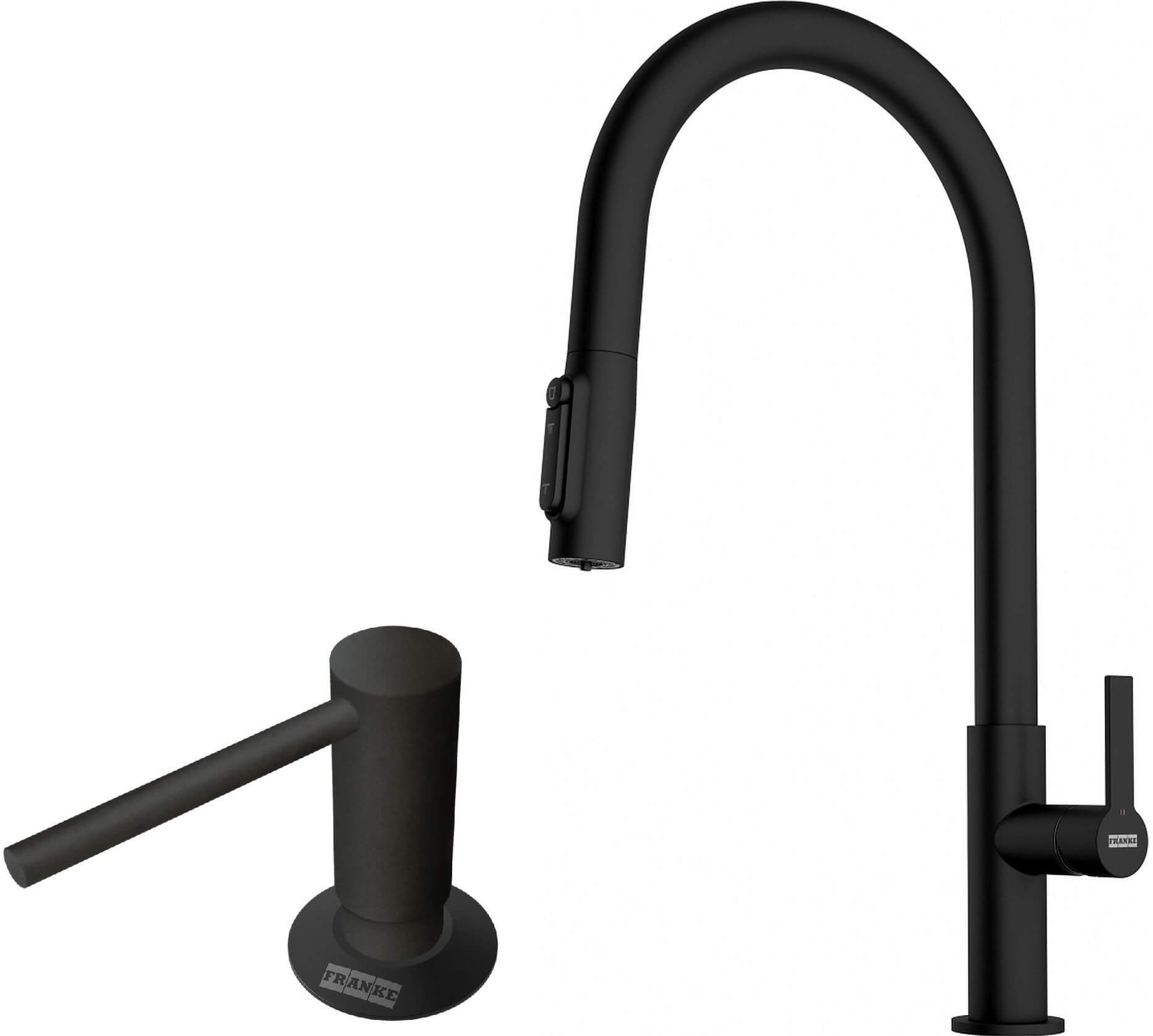 Set Küchenarmatur Franke Maris Slim Clear Water J Pull-Out 120.0730.911, Flüssigkeitsspender Franke Comfort 112.0753.277