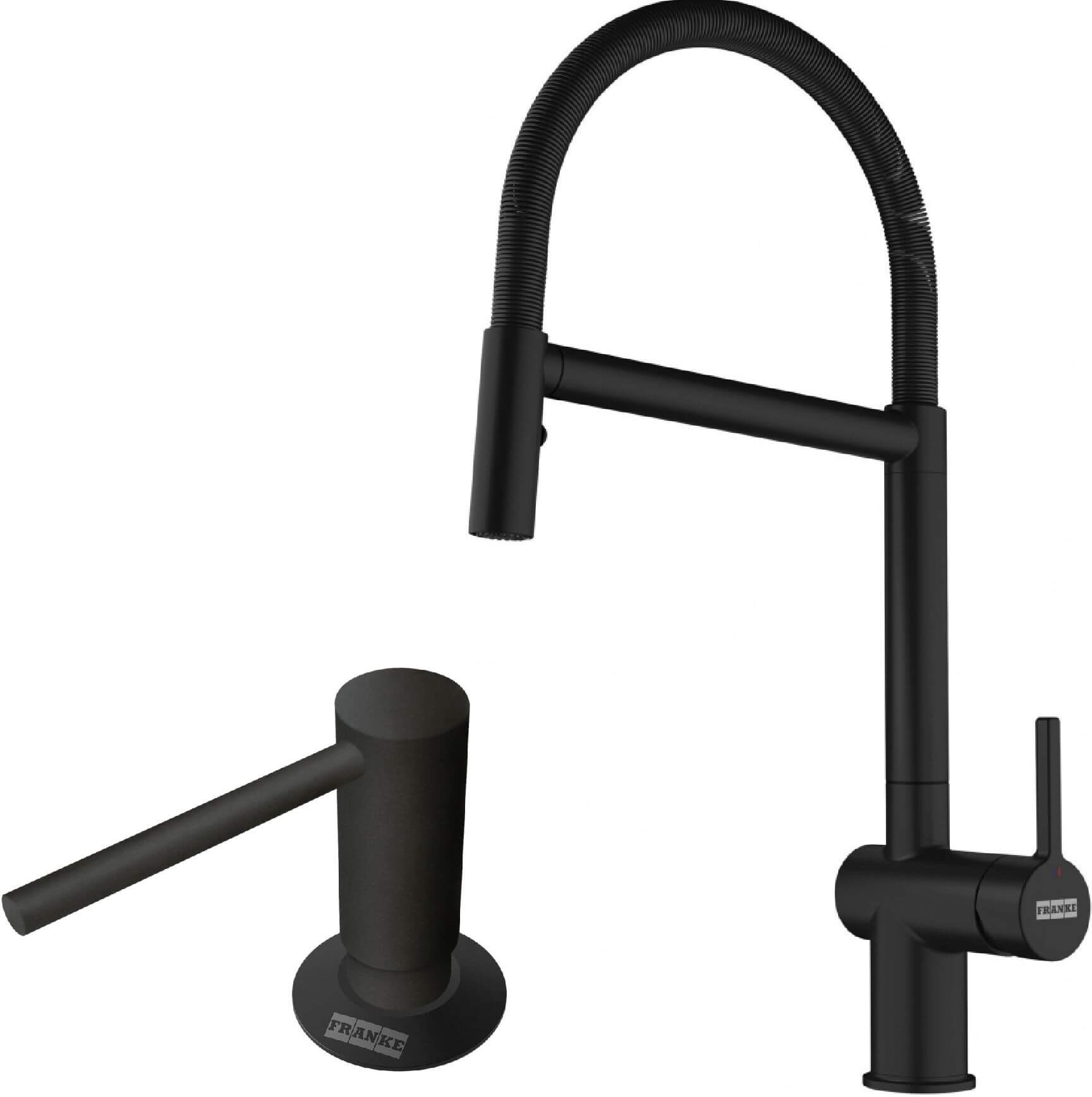 Set Küchenarmatur Franke Active Semi Pro Spray 115.0653.409, Flüssigkeitsspender Franke Comfort 112.0753.277