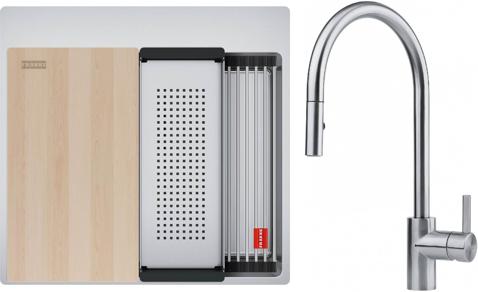 Set Edelstahlspüle Franke Box 127.0749.856, Küchenarmatur Franke Eos 115.0590.045