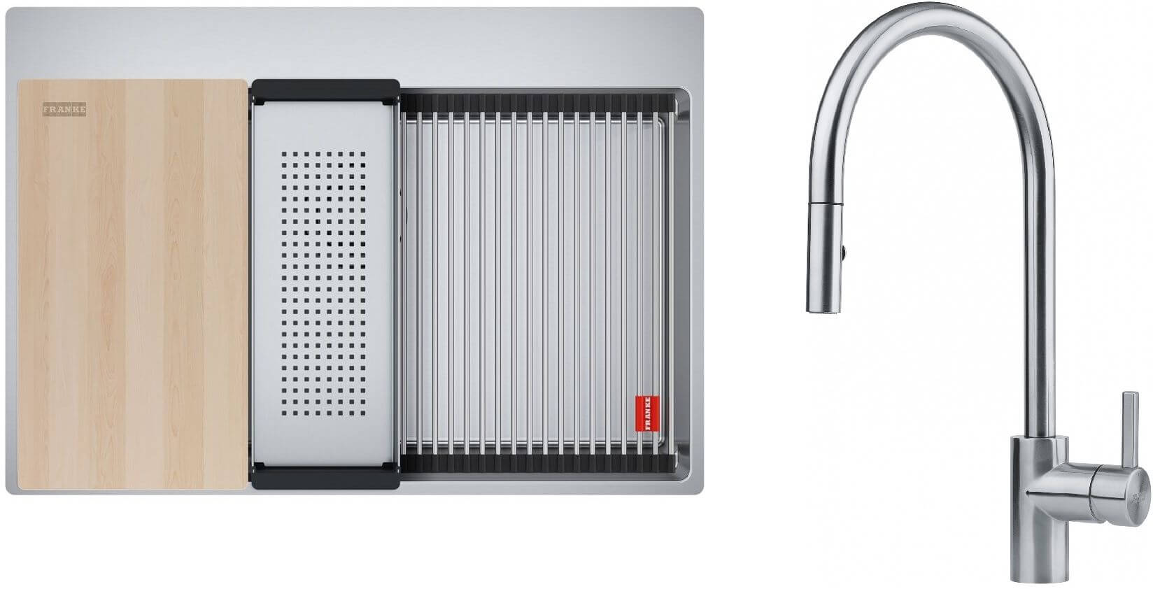 Set Edelstahlspüle Franke Box 127.0749.858, Küchenarmatur Franke Eos 115.0590.045