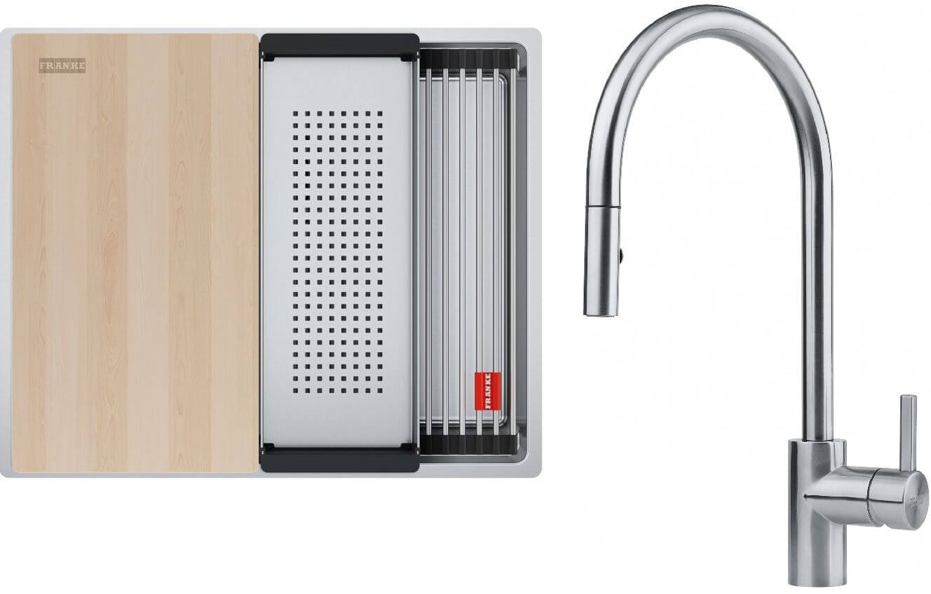 Set Edelstahlspüle Franke Box 127.0749.858, Küchenarmatur Franke Eos 115.0590.045