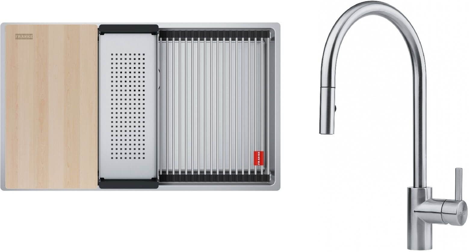 Set Edelstahlspüle Franke Box 127.0749.859, Küchenarmatur Franke Eos 115.0590.045