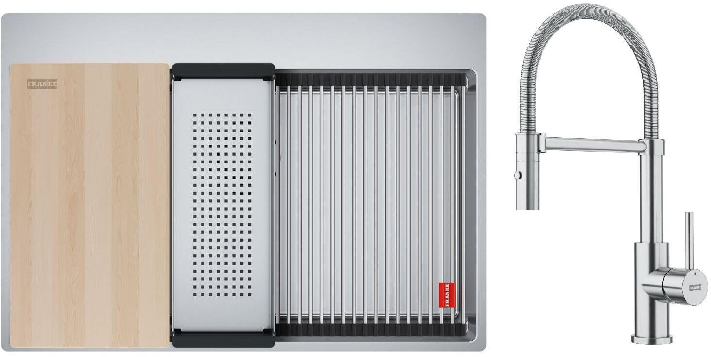 Set Edelstahlspüle Franke Box 127.0749.857, Küchenarmatur Franke Smart Glenda 115.0747.475