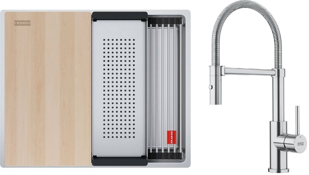 Set Edelstahlspüle Franke Box 127.0749.858, Küchenarmatur Franke Smart Glenda 115.0747.475
