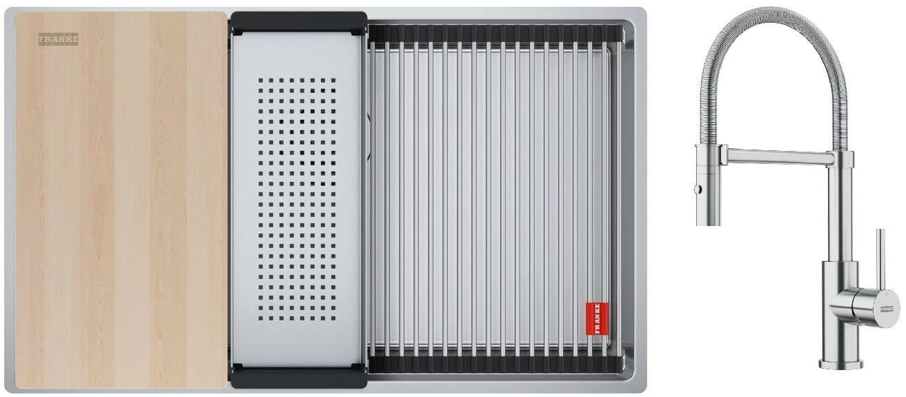 Set Edelstahlspüle Franke Box 127.0749.859, Küchenarmatur Franke Smart Glenda 115.0747.475