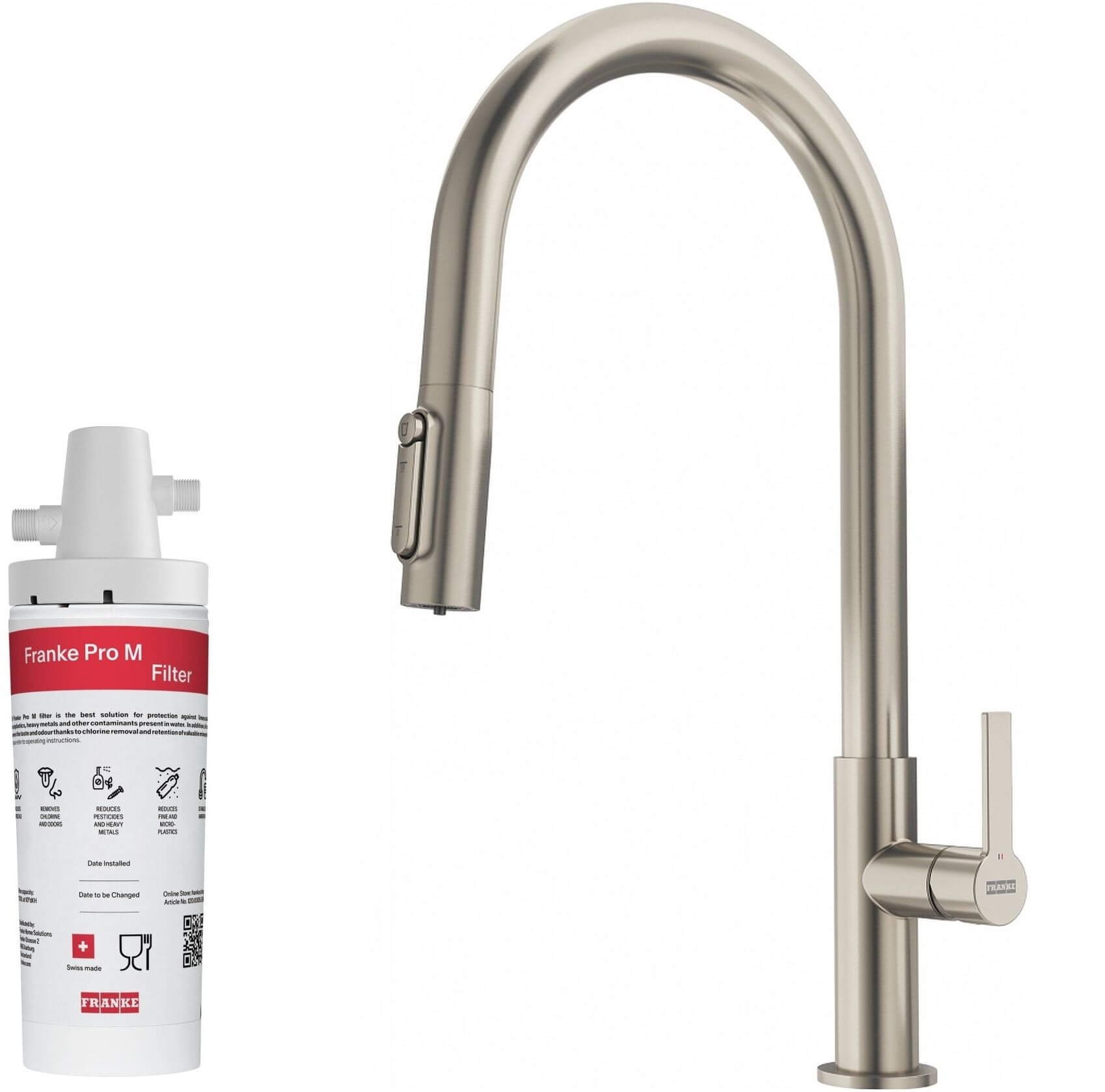 Set Küchenarmatur Franke Maris Slim Clear Water J Pull-Out 120.0736.604, Untertischfilter Franke Pro M Connect 150.0752.886