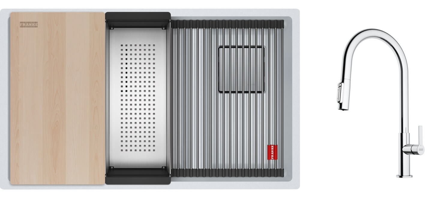 Set Granitspüle Franke Kanon 125.0749.675, Küchenarmatur Franke Maris Slim Clear Water J Pull-Out 120.0730.870