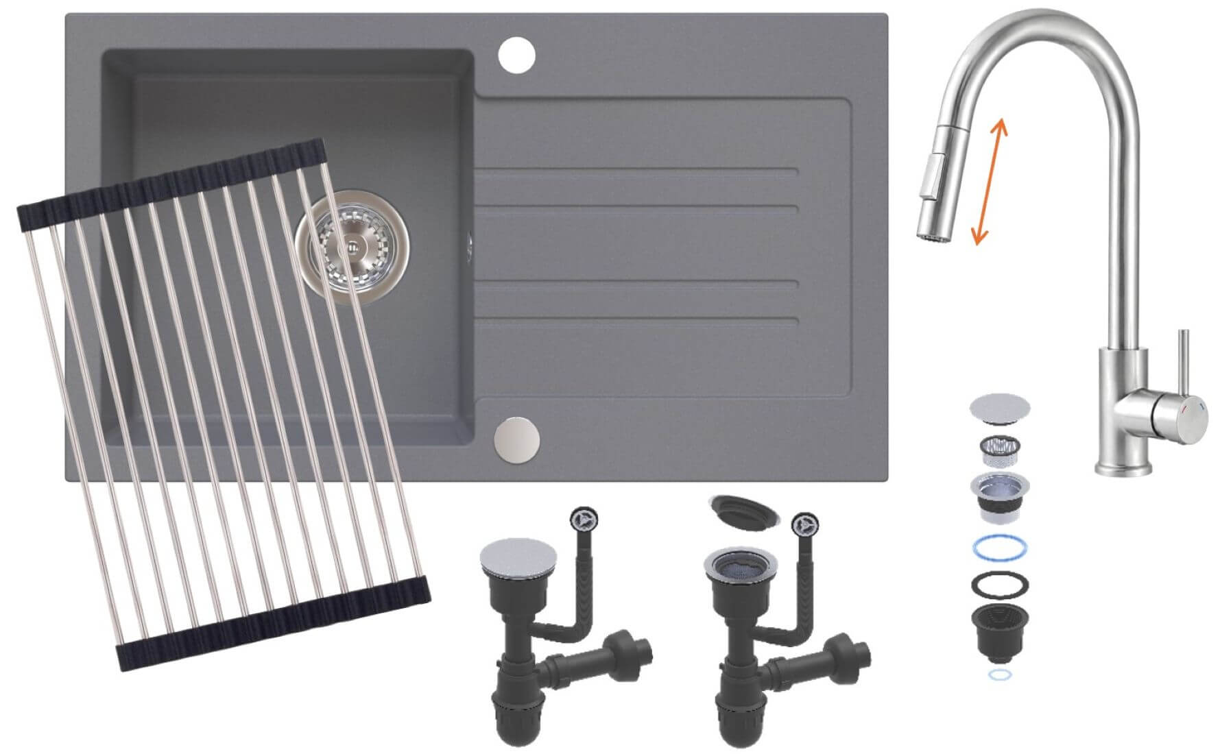 Ruvetti Idelo Waschbecken mit Wasserhahn und Zubehör grau/stahl KG_IDELO160_GR_KORR-BS