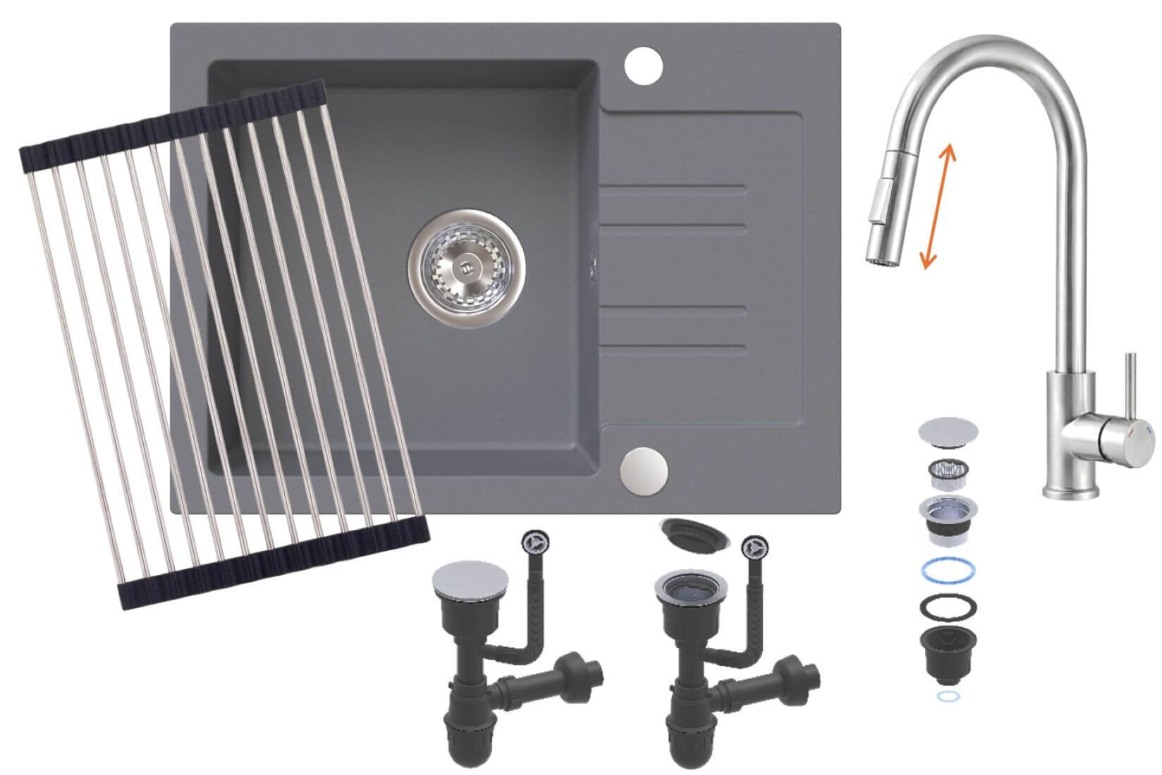 Ruvetti Idelo Waschbecken mit Wasserhahn und Zubehör grau/stahl KG_IDELO120_GR_KORR-BS